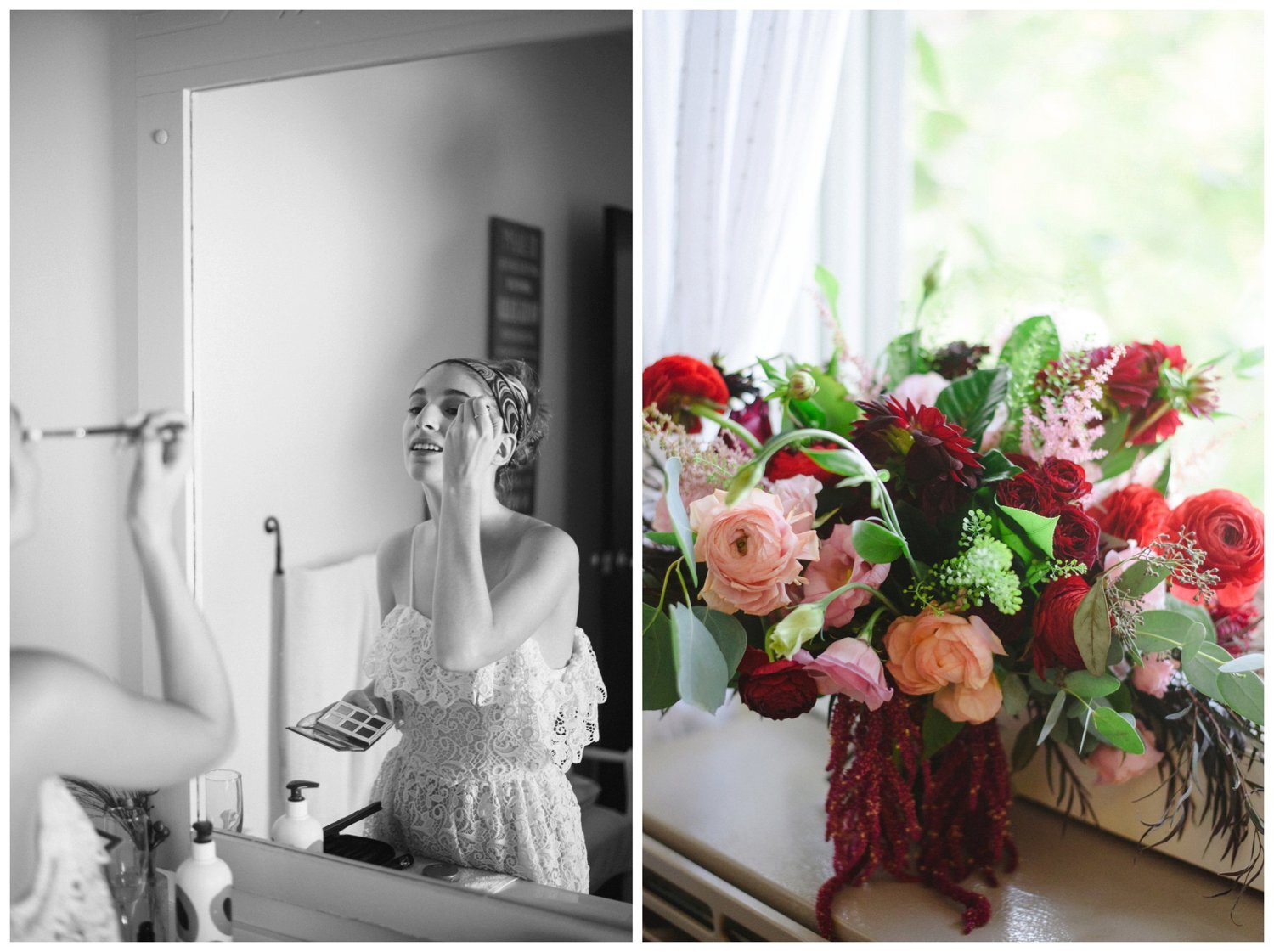 Red and pink flowers in a windowsill at Portage Inn Wedding in Muskoka