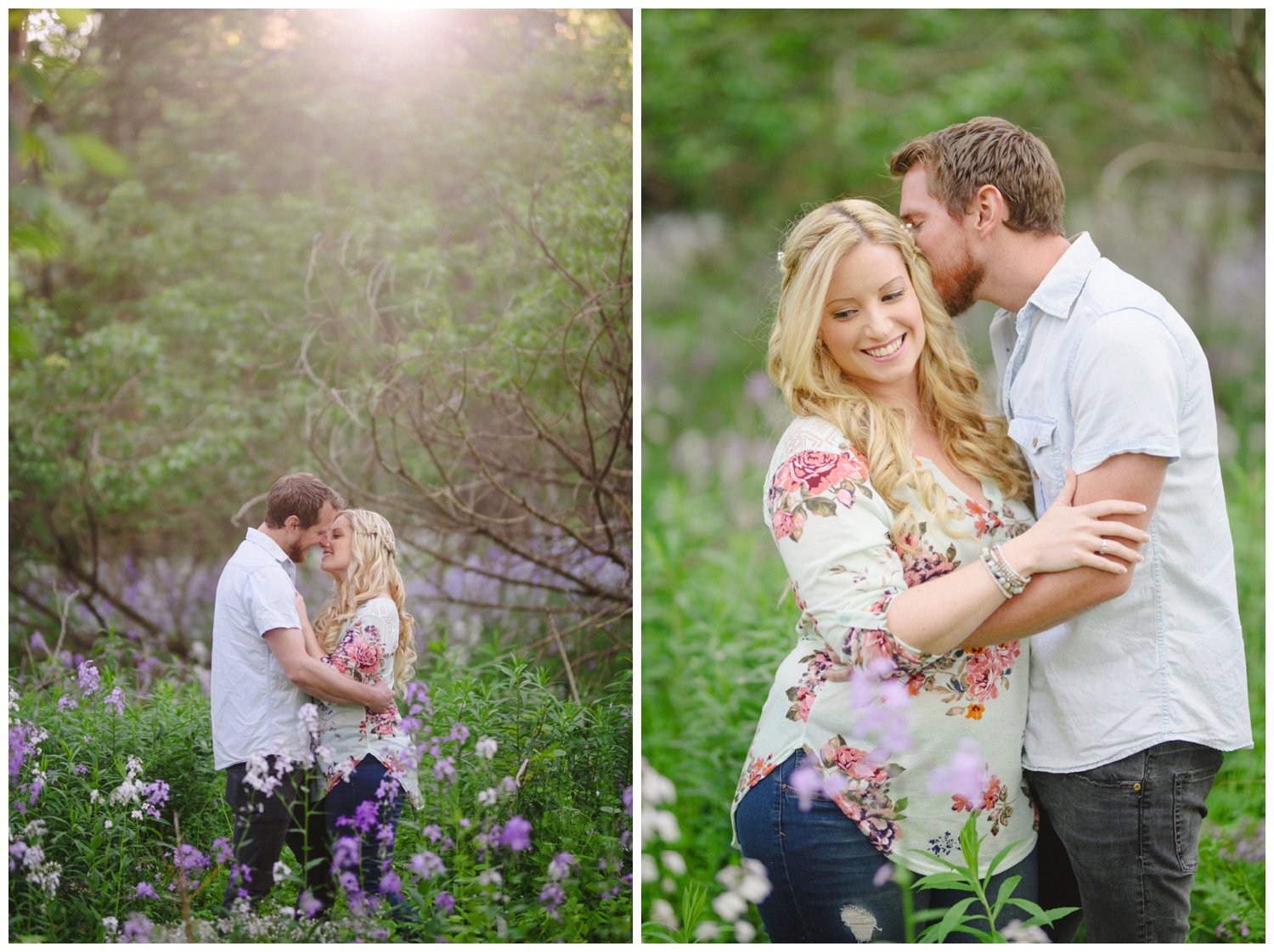 couple standing in wildflowers at Scarborough Bluffs engagement 