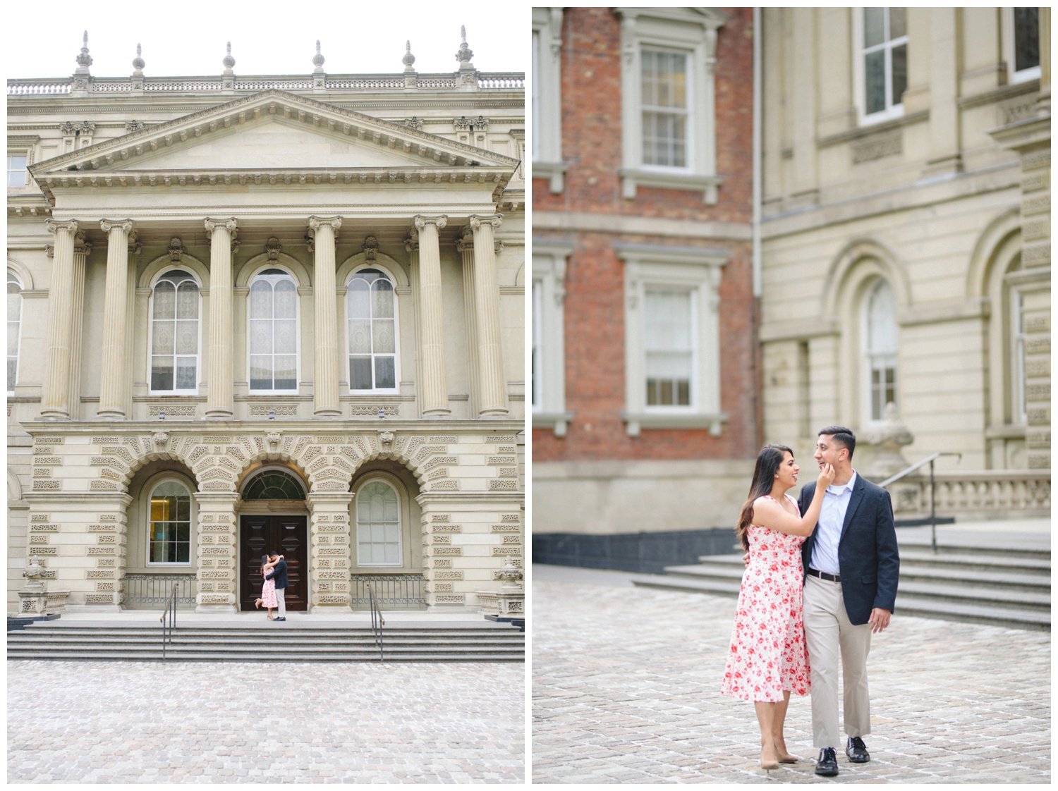 Couple standing in the courtyard at Osgoode Hall for their engagement 