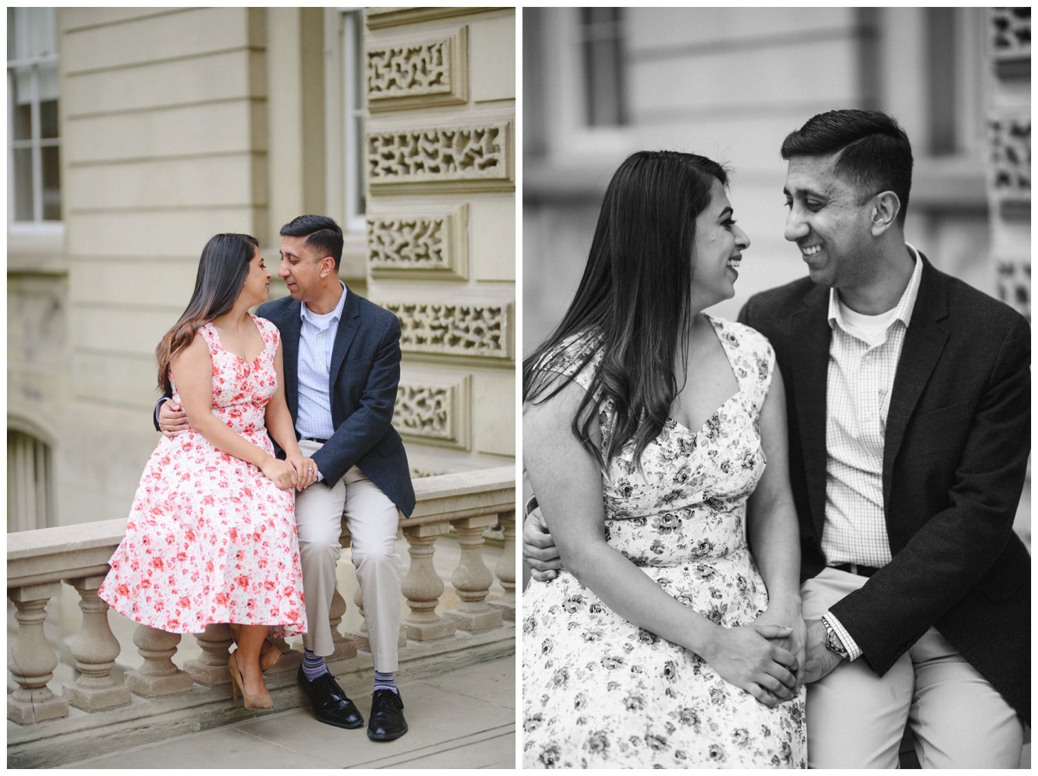 couple sitting on the railing at Osgoode Hall for their engagement photography