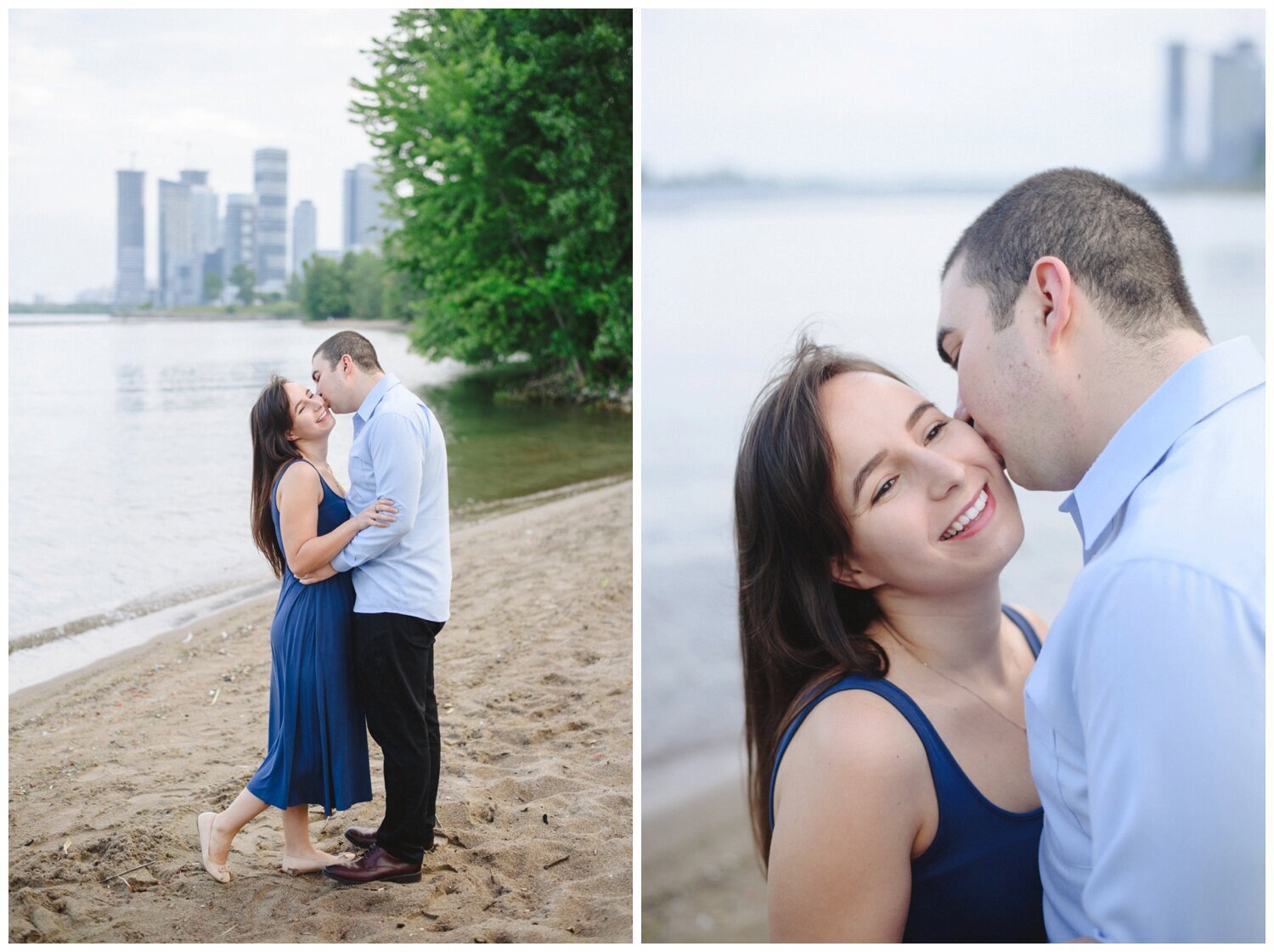 couple kissing on the beach Toronto Lakeshore Engagement 