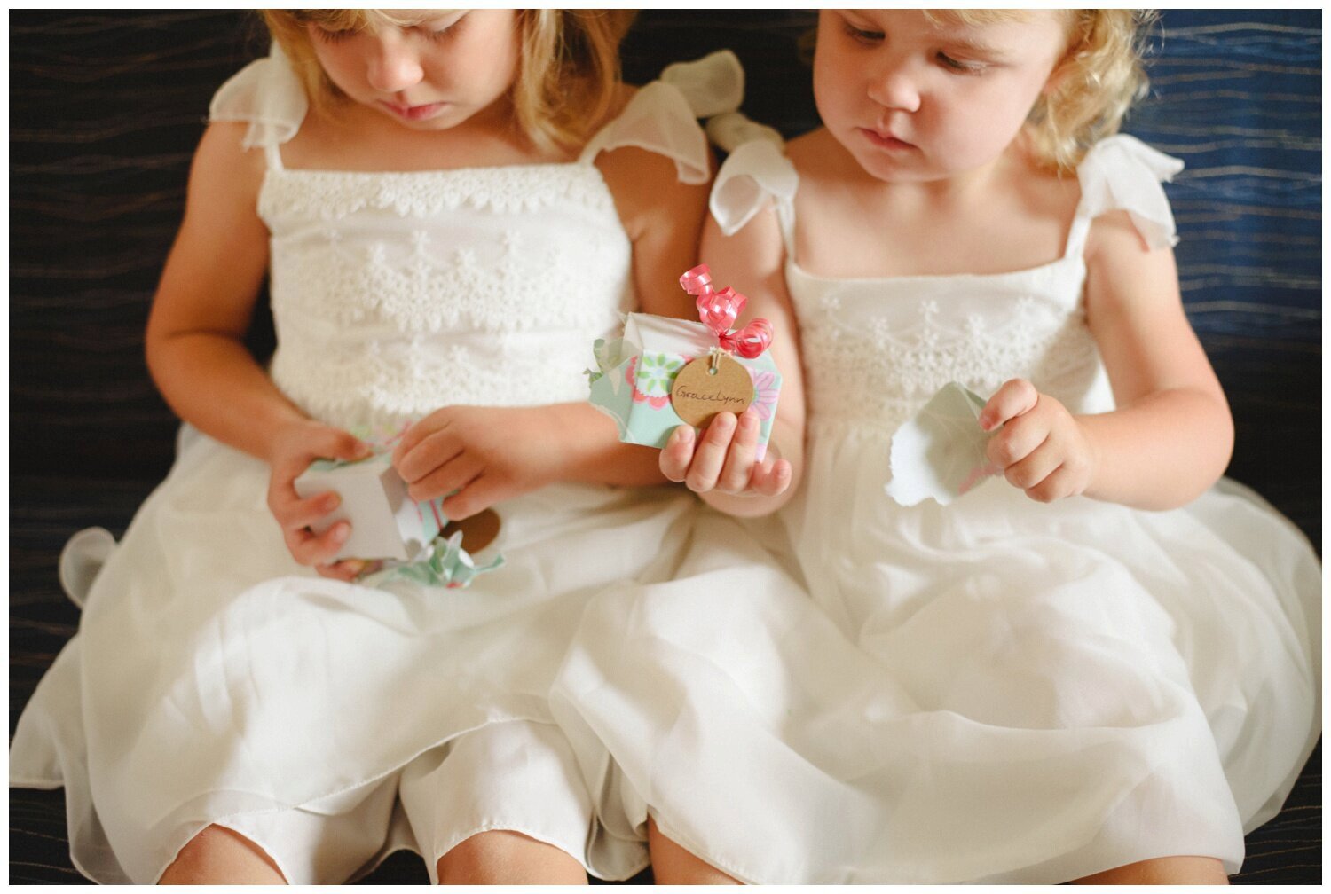 flower girls getting gifts at Kortright Centre Wedding 