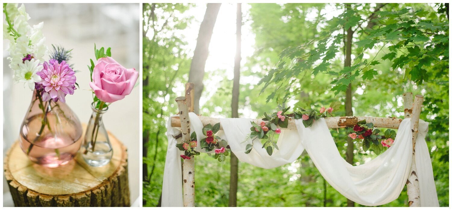 fabric draping ceremony arch at Kortright Centre Wedding 
