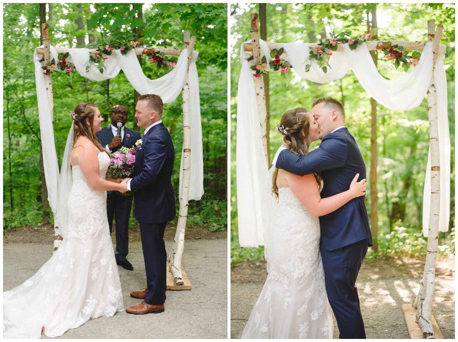 bride and groom kissing during ceremony in the forest at Kortright Centre Wedding 