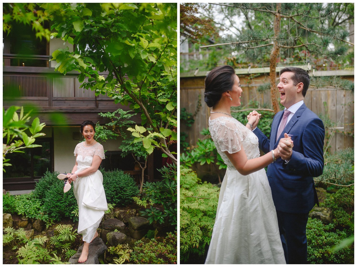 bride and groom first look in a garden at downtown toronto wedding