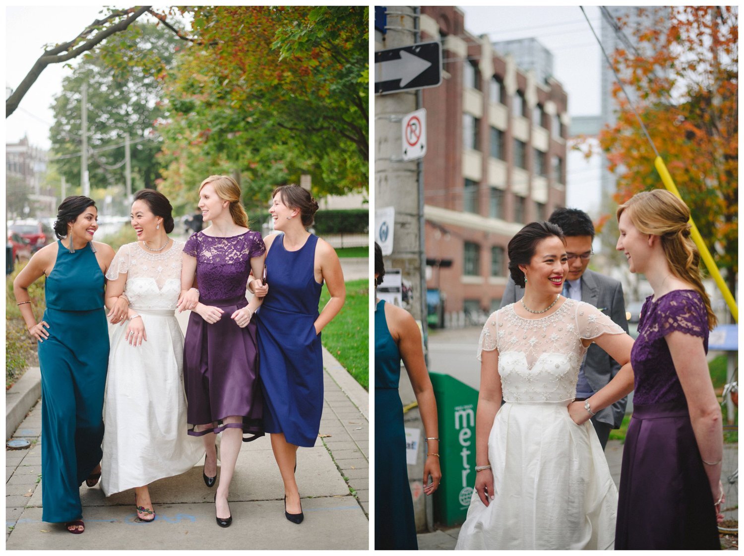 bride walking down the street with her girls at Downtown toronto wedding