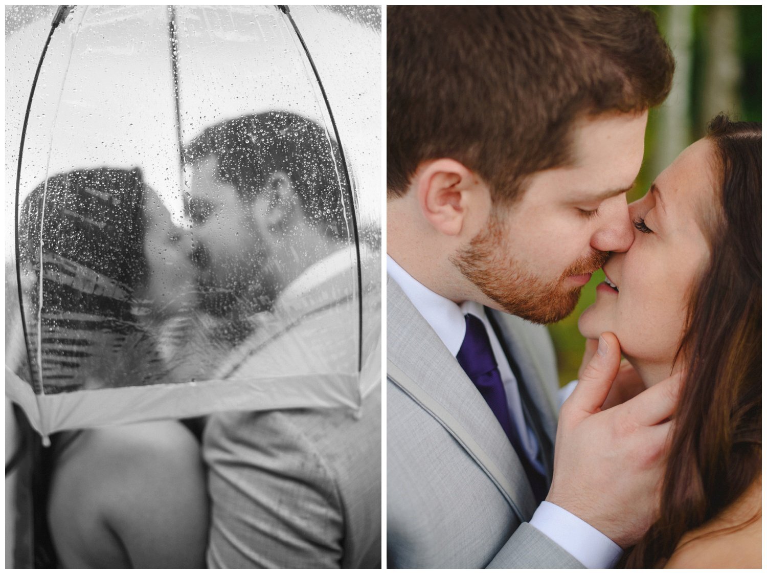 bride and groom kissing in the rain at Holland Marsh Winery Wedding in Newmarket