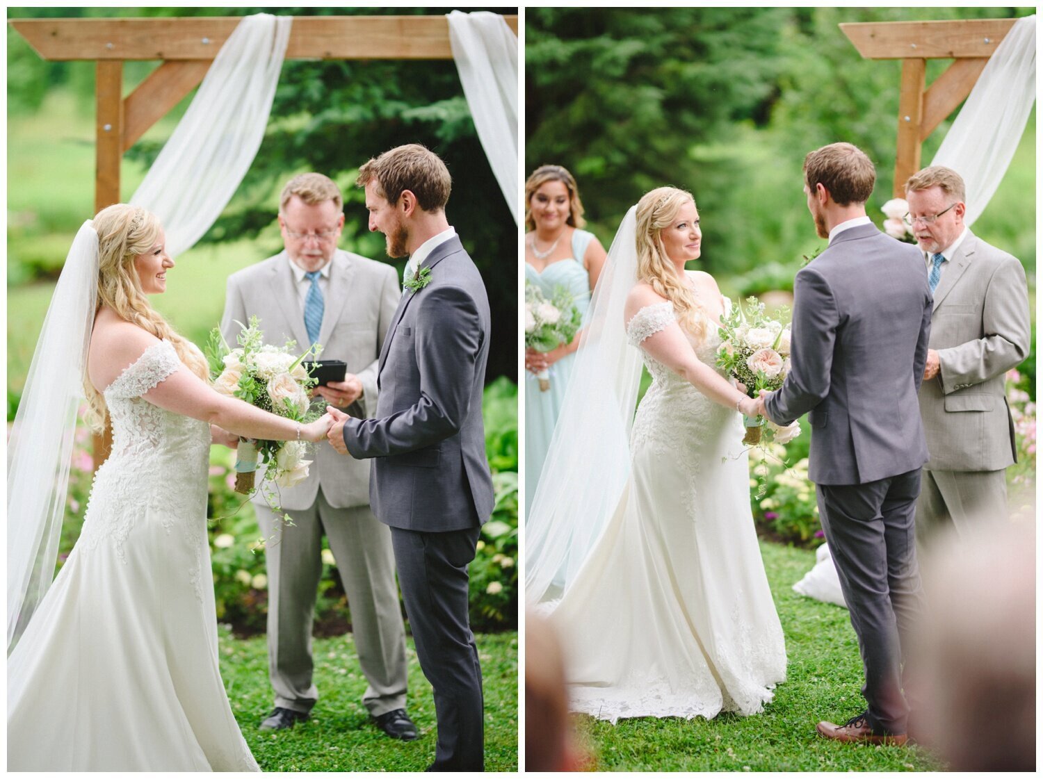 bride and groom during ceremony at backyard tent wedding in Claremont Ontario