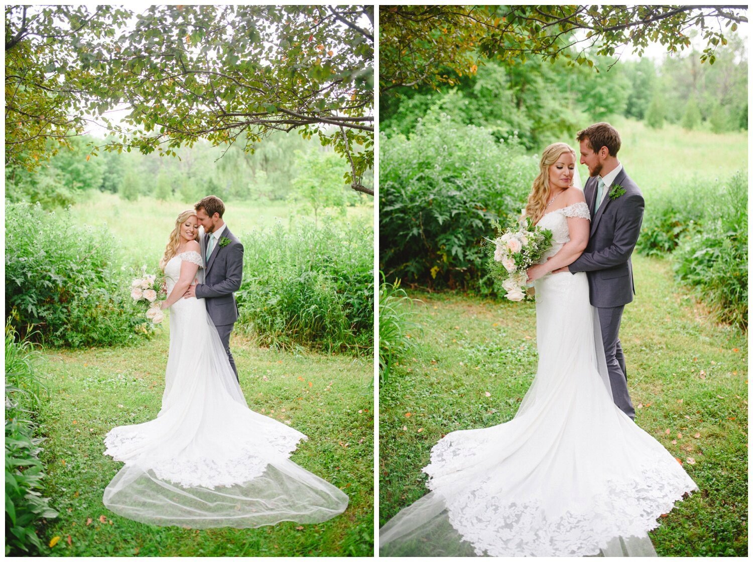 bride and groom in the garden at backyard tent wedding in Claremont Ontario