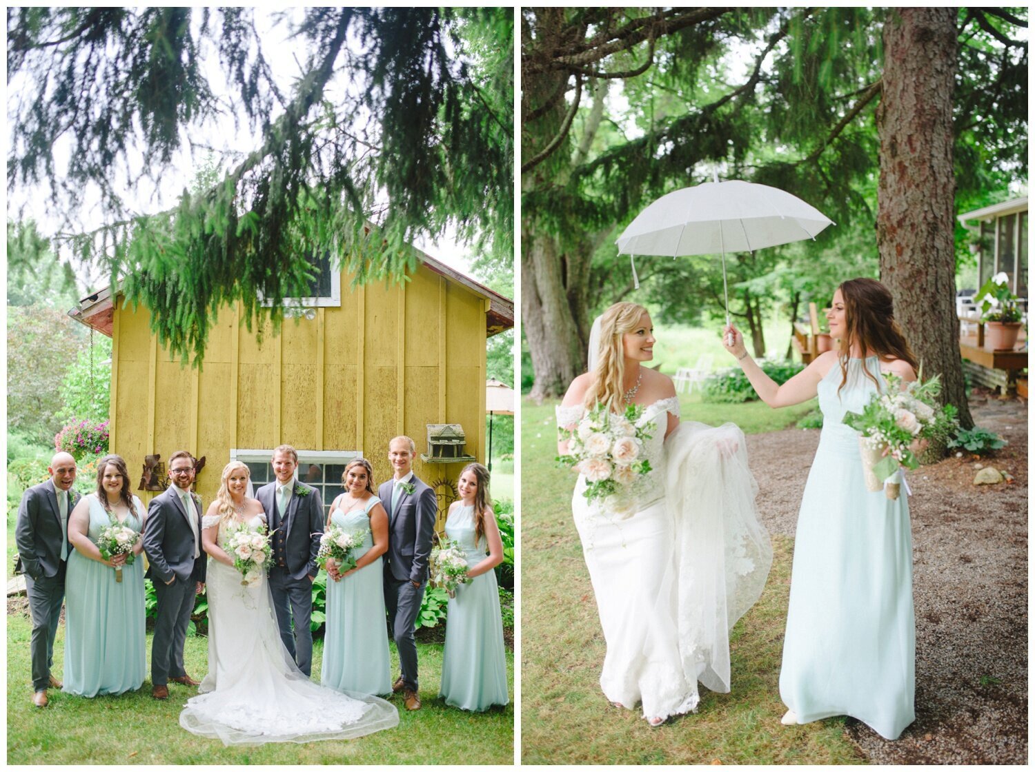 bridal party in sea foam blue at backyard tent wedding in Claremont Ontario