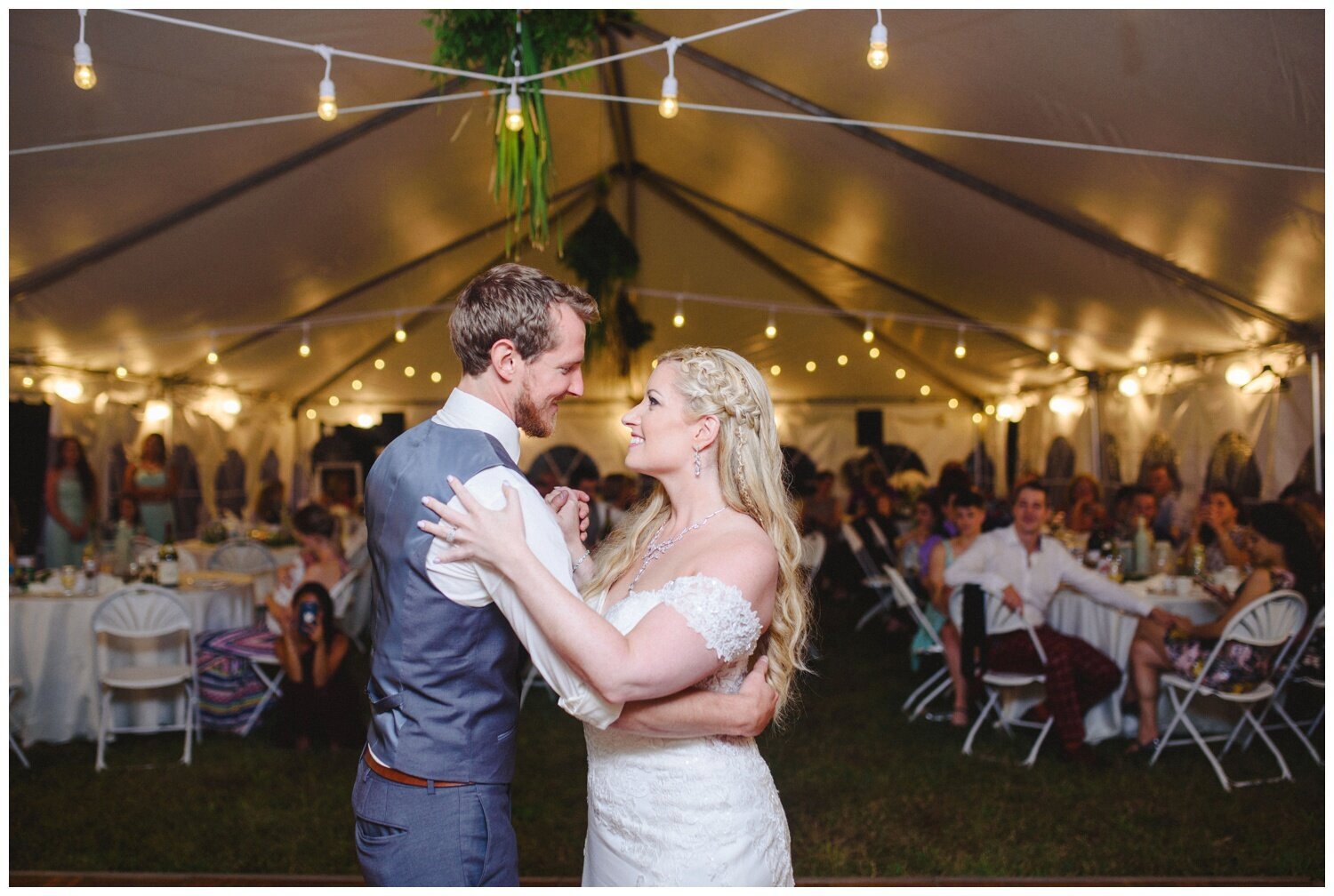 bride and groom first dance at backyard tent wedding in Claremont Ontario