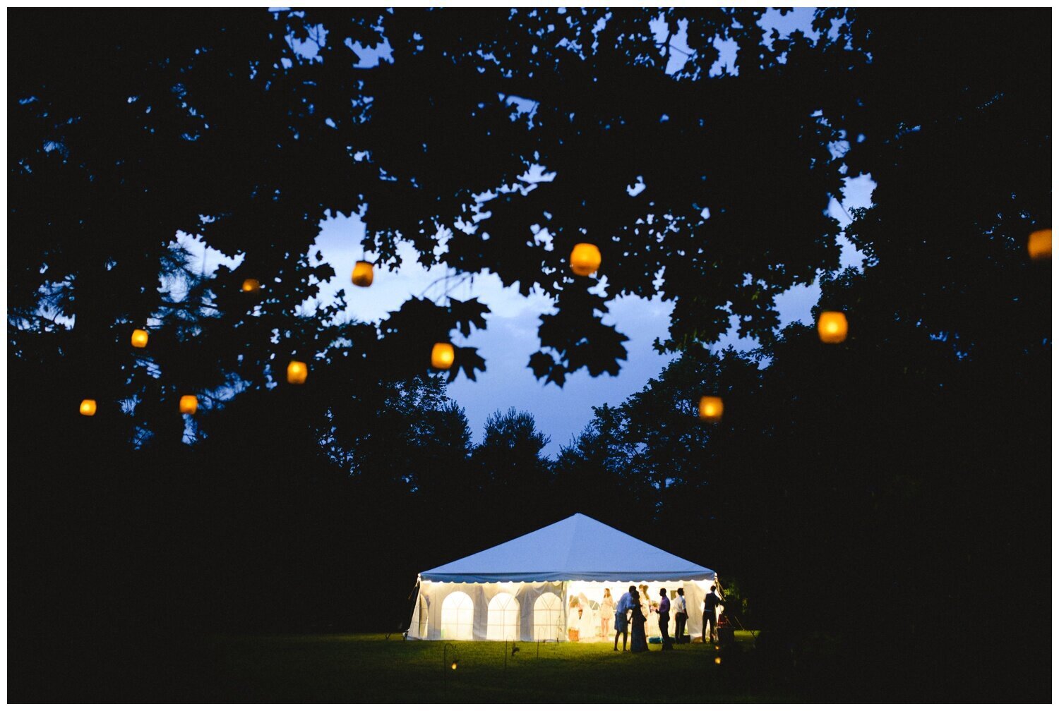 string lights at backyard tent wedding in Claremont Ontario
