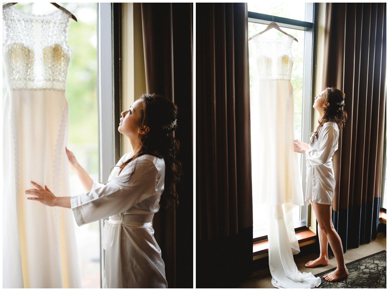bride looking at her dress hanging in a window at Credit Valley Golf Club Wedding