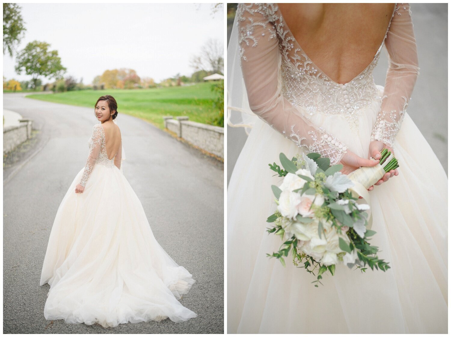 bride wearing ball gown and holding bouquet at at Credit Valley Golf Club Wedding