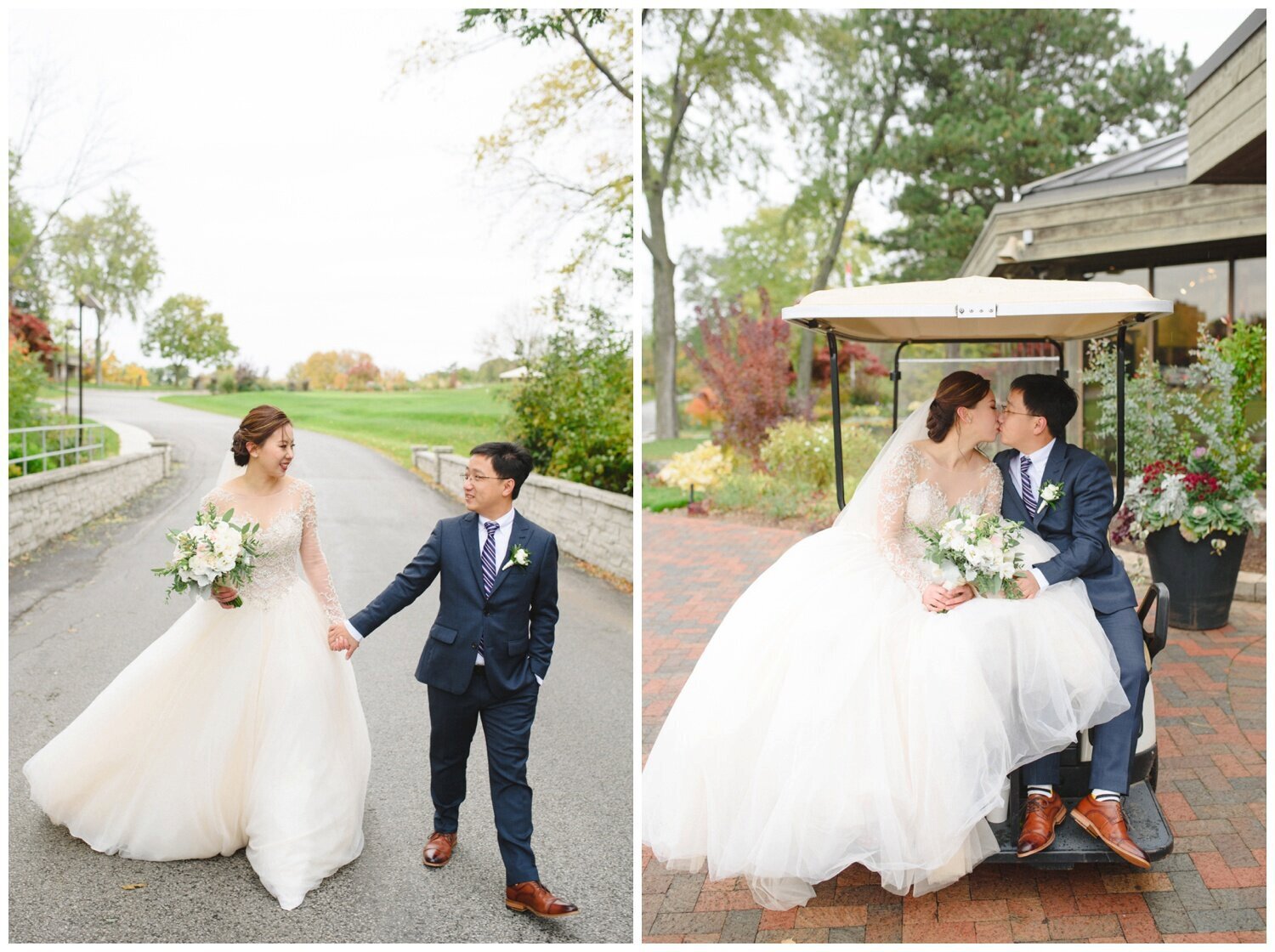 bride and groom riding golf cart at Credit Valley Golf Club Wedding