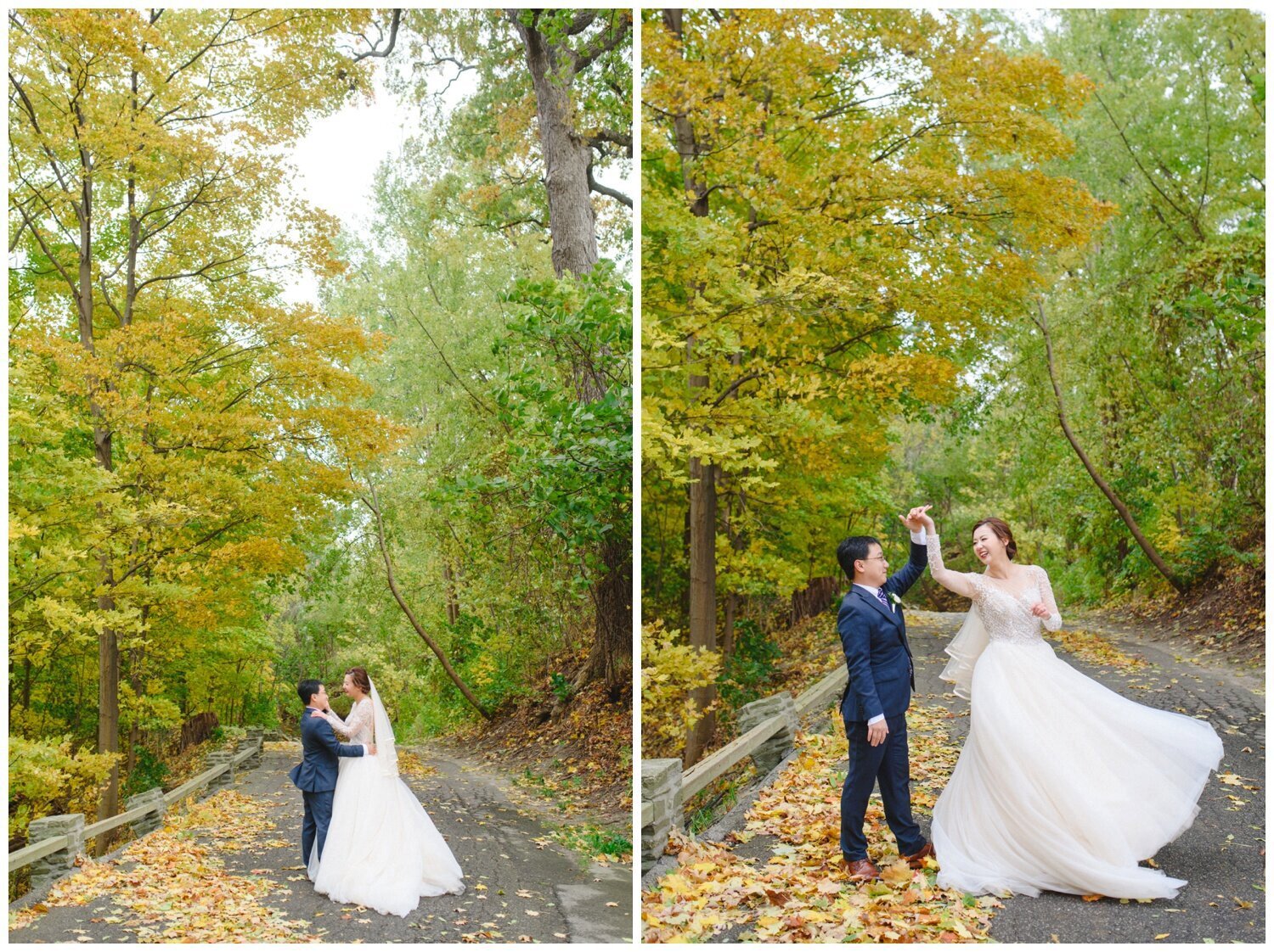 bride and groom dancing among the trees at Fall wedding at Credit Valley Golf Club Wedding