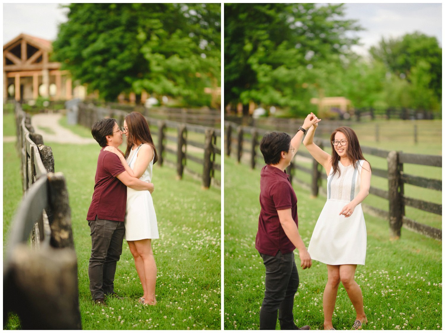 bride and groom dancing in the pasture at Dog Tales Sanctuary engagement session