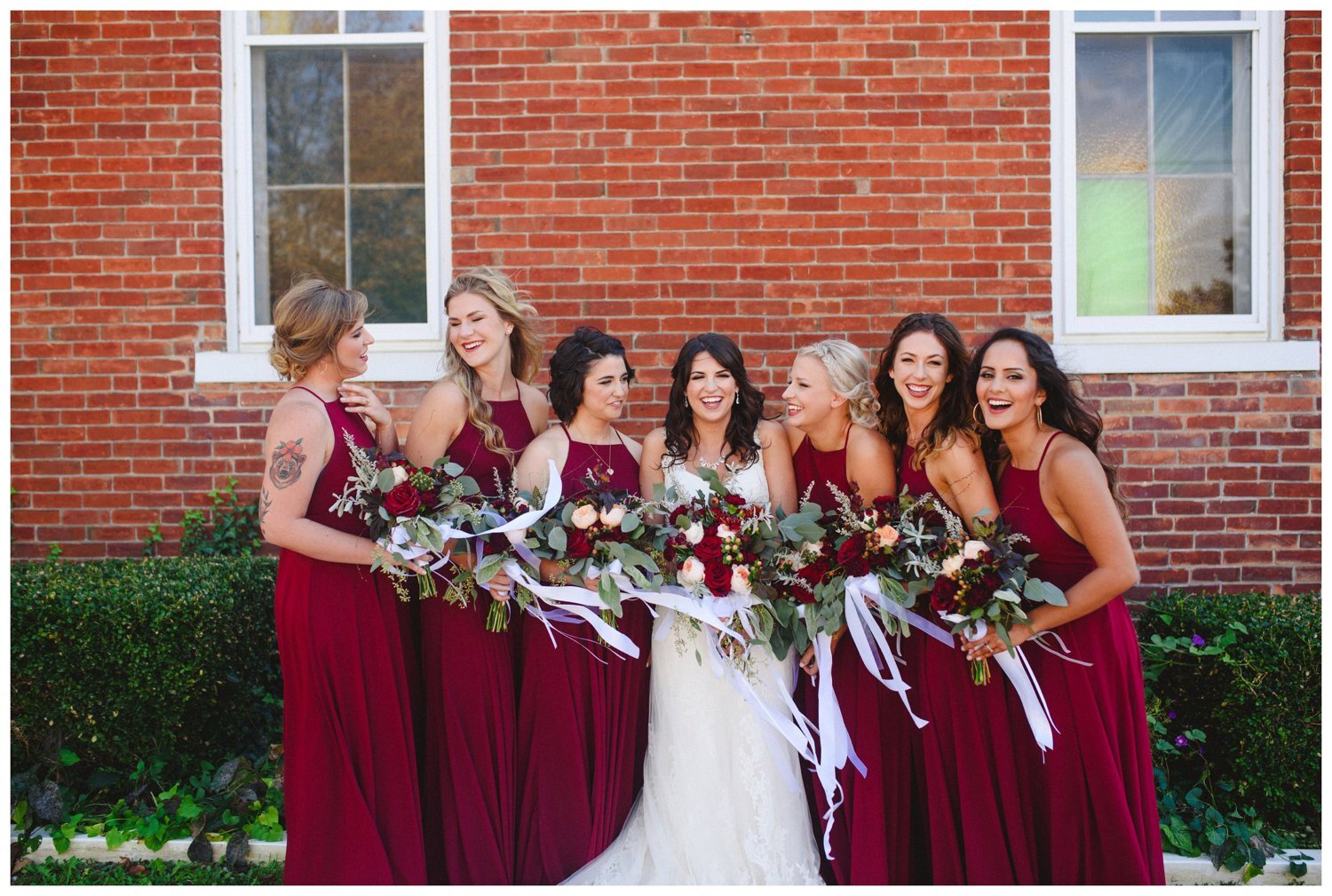 bridesmaids in dark red dresses at The Greens at Renton Wedding