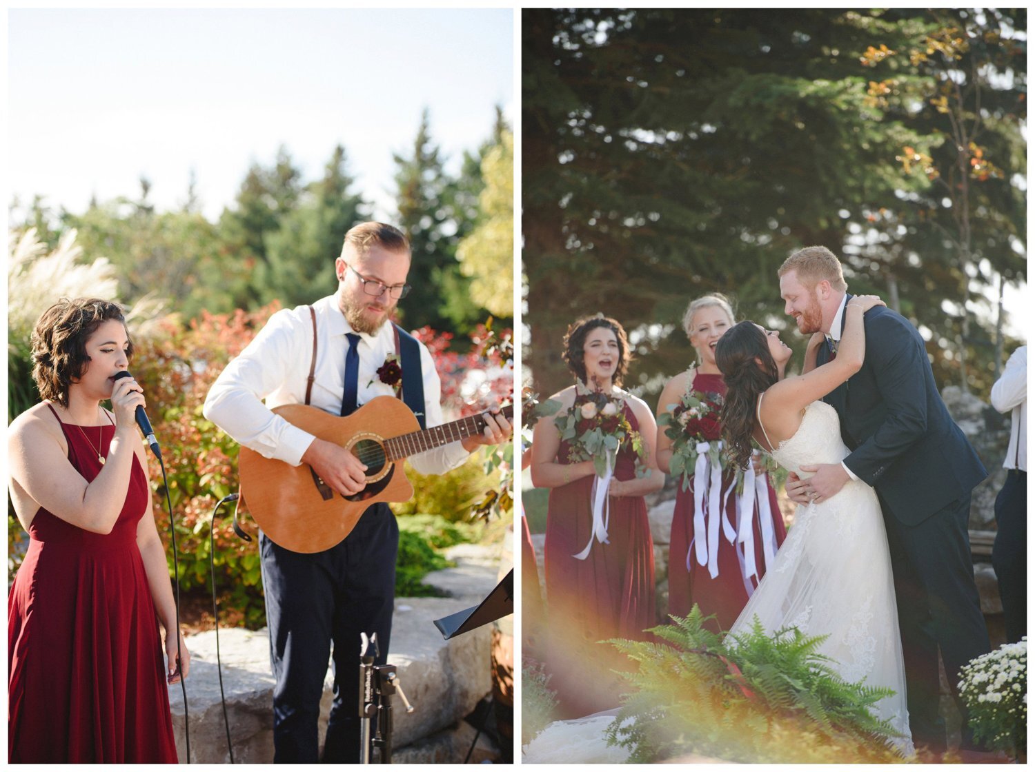 bridal party playing the guitar at ceremony with a rainbow at The Greens at Renton Wedding