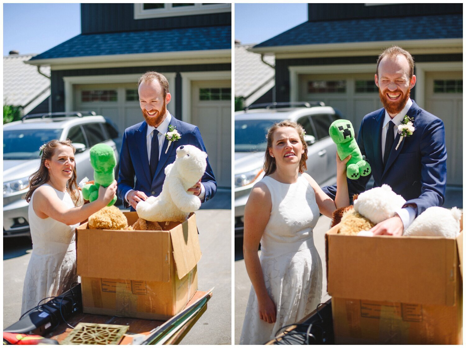bride and groom at yard sale at intimate wedding at Barrie Yacht Club