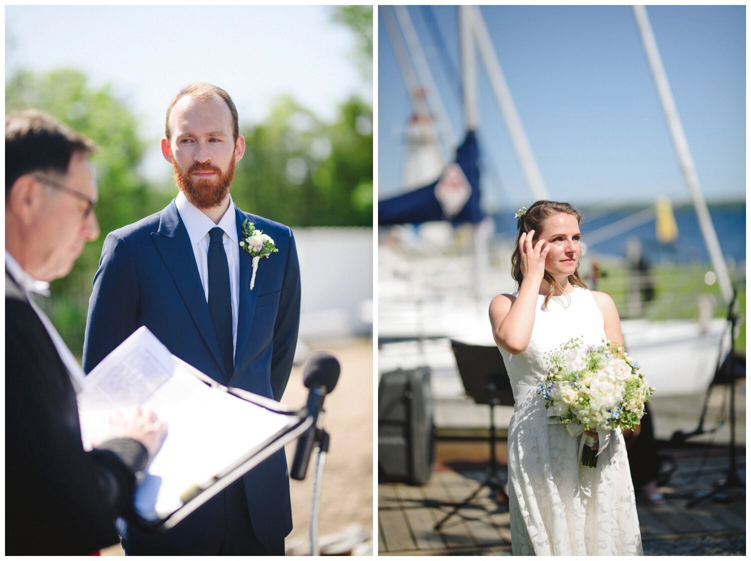 groom laughing at the ceremony at intimate wedding at Barrie Yacht Club