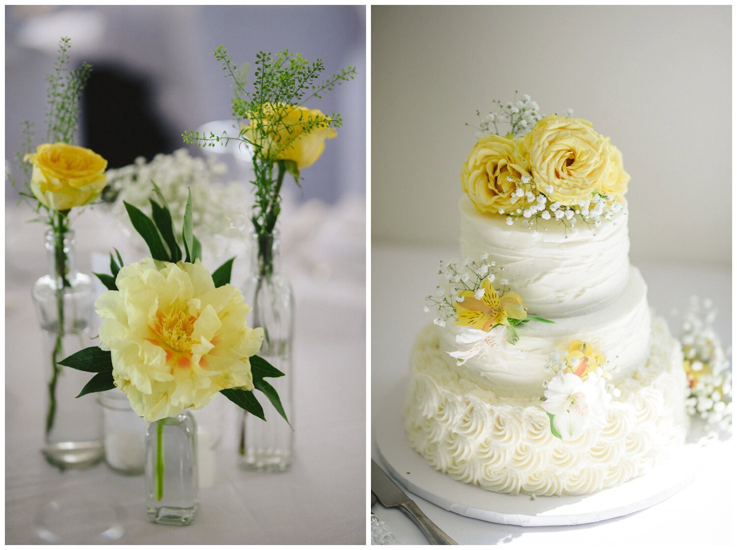 yellow floral wedding cake at intimate wedding at Barrie Yacht Club