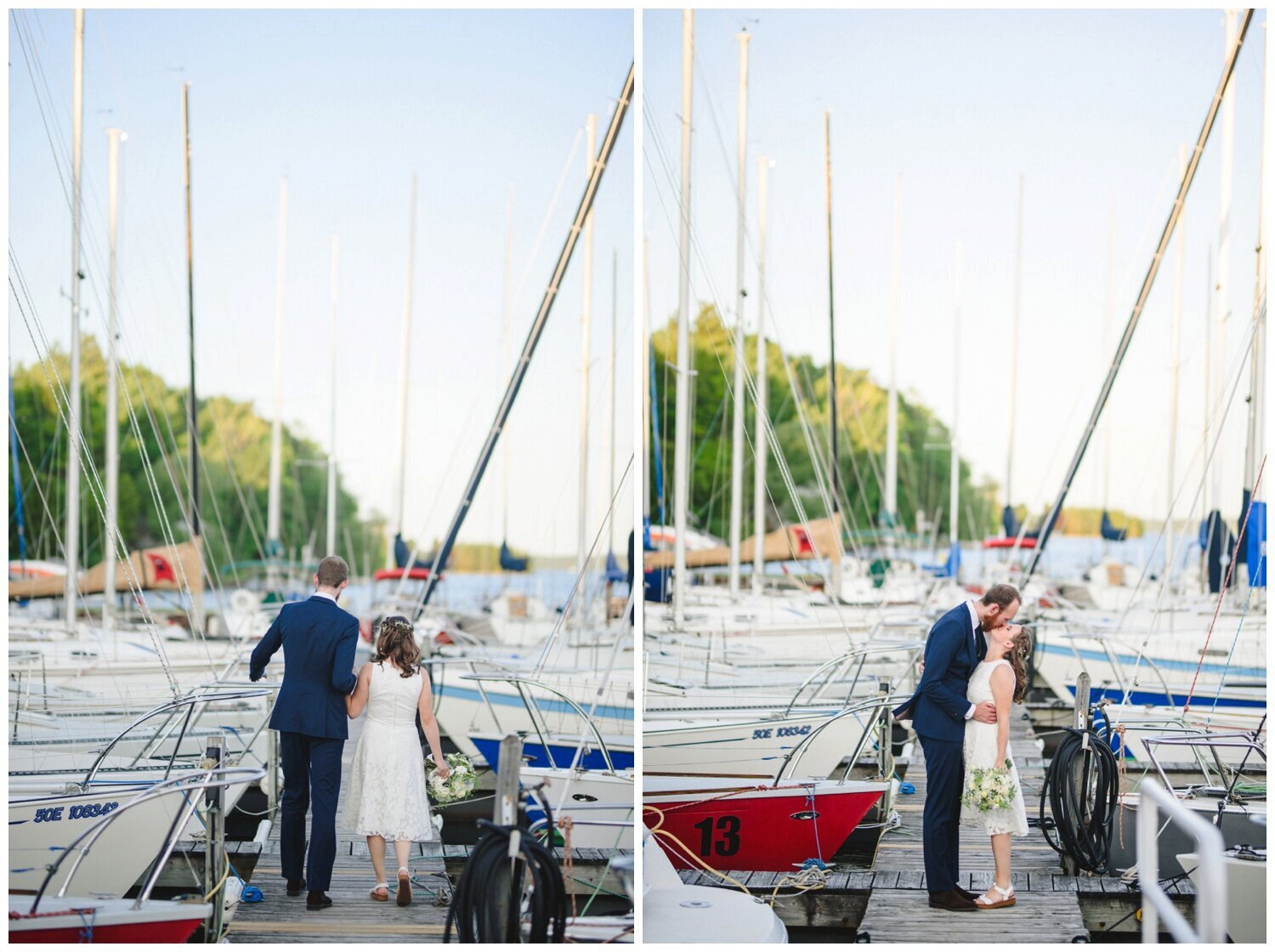 bride and groom on the dock amongst the sailboats at intimate wedding at Barrie Yacht Club
