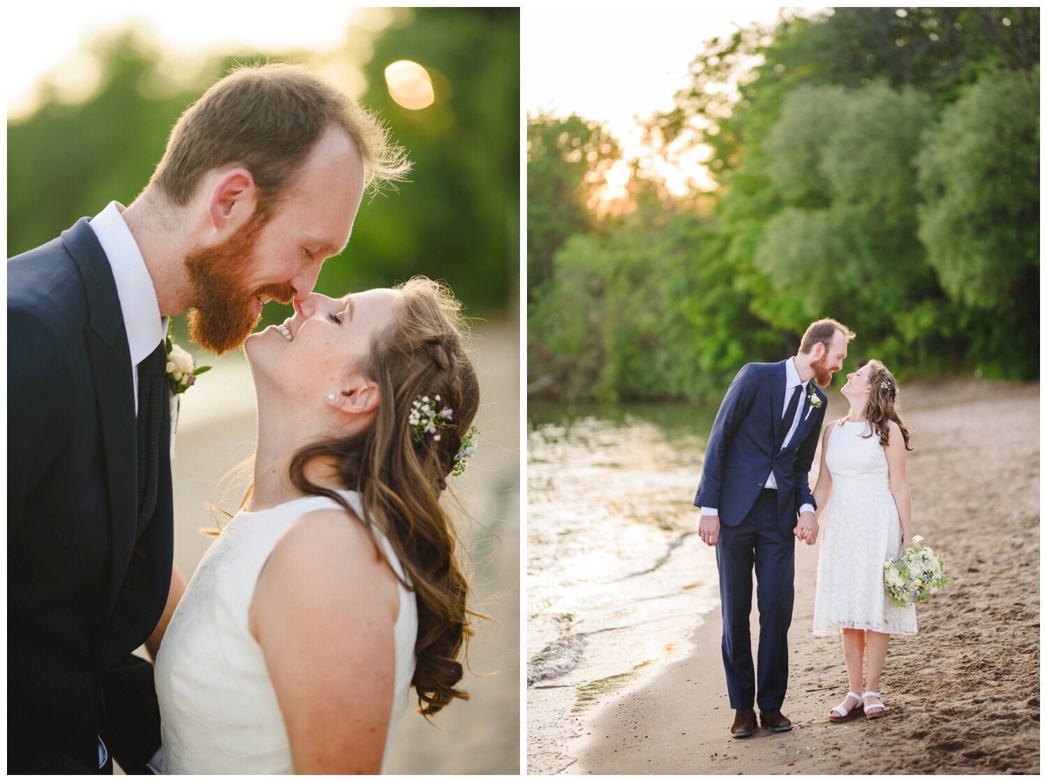 bride and groom on the beach at sunset at intimate wedding at Barrie Yacht Club