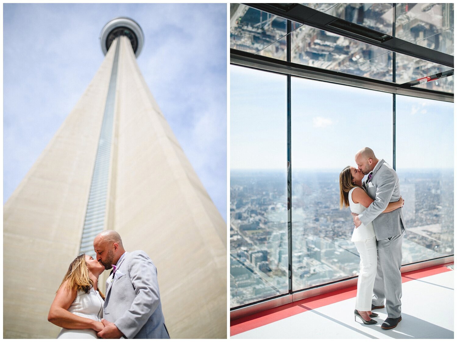 bride and groom kissing at CN Tower elopement in Toronto