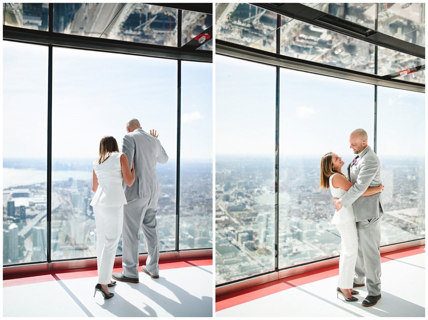 bride and groom at the top of the cn tower  at CN Tower elopement in Toronto