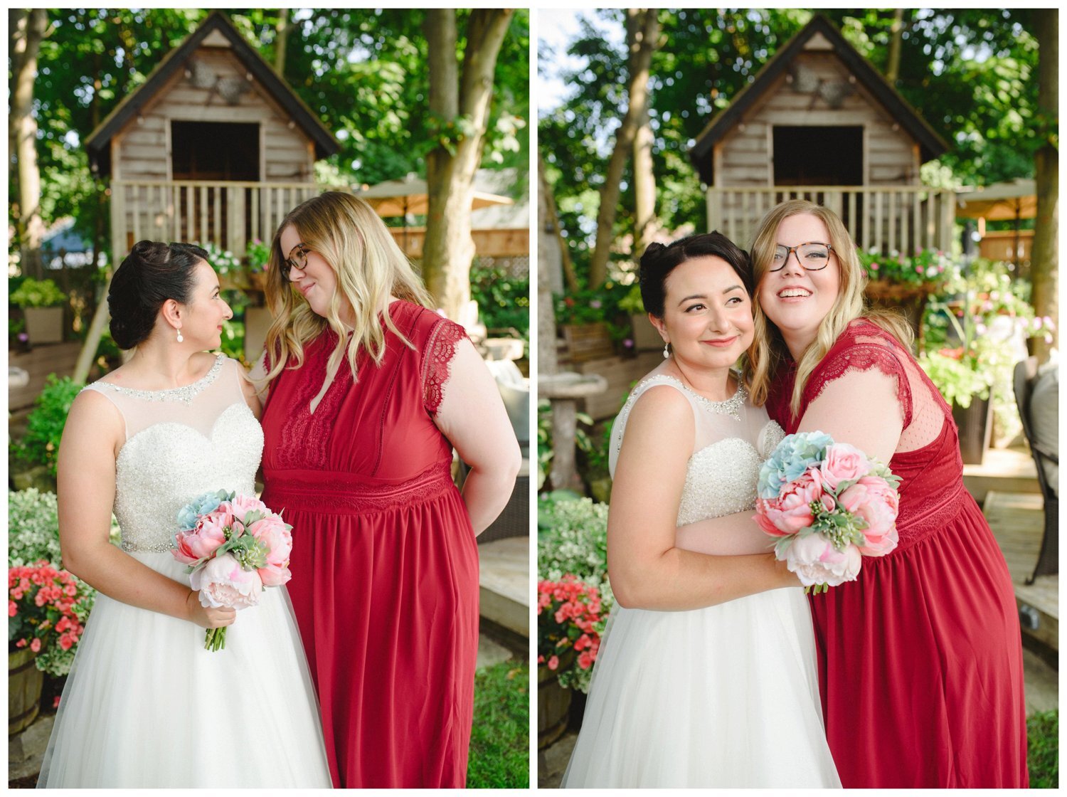 bride with her maid of honour at backyard Ajax wedding