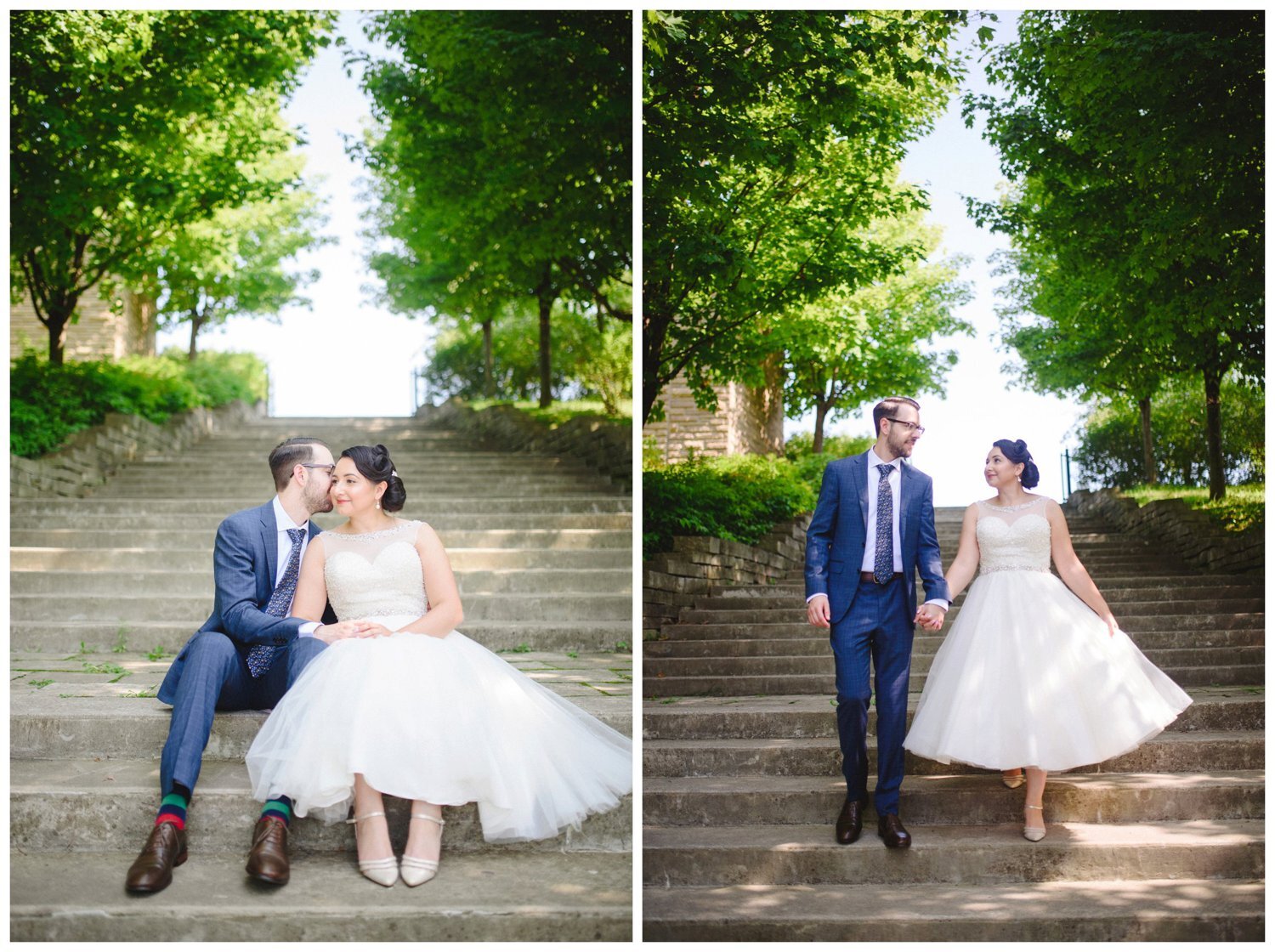 bride and groom on the steps in the park at backyard Ajax wedding