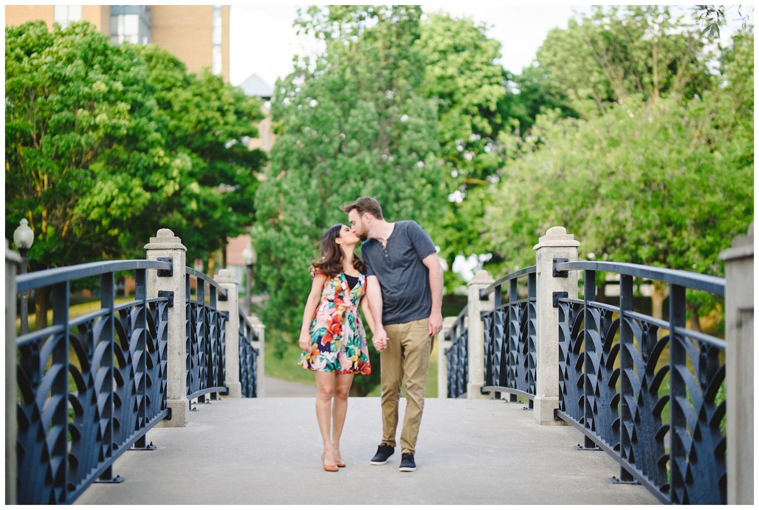 couple on the bridge at Oshawa Botanical Gardens Engagement Shoot