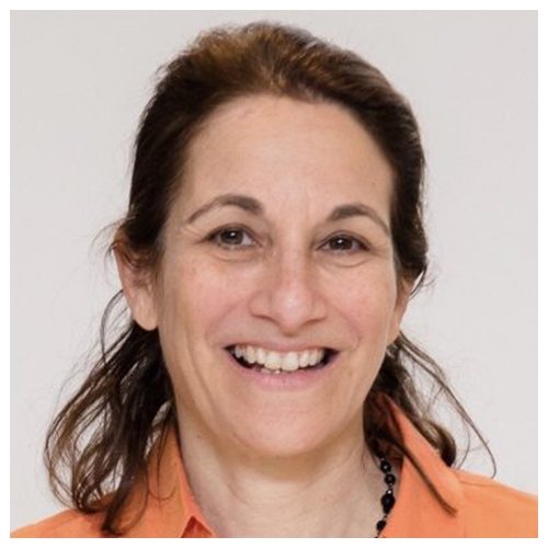 a photograph of Ruth Lowenkron, a smiling white woman, age forties, with tied-back dark hair.