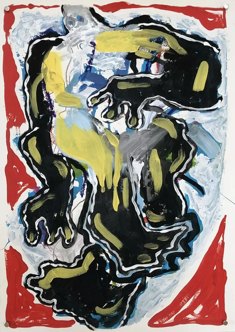 Tegning med sort figur på rød bakgrunn. Gult og grått i bildet. Tegnet av Ole Fredrik Hvidsten og Fredrik Fjeld Kløvstad