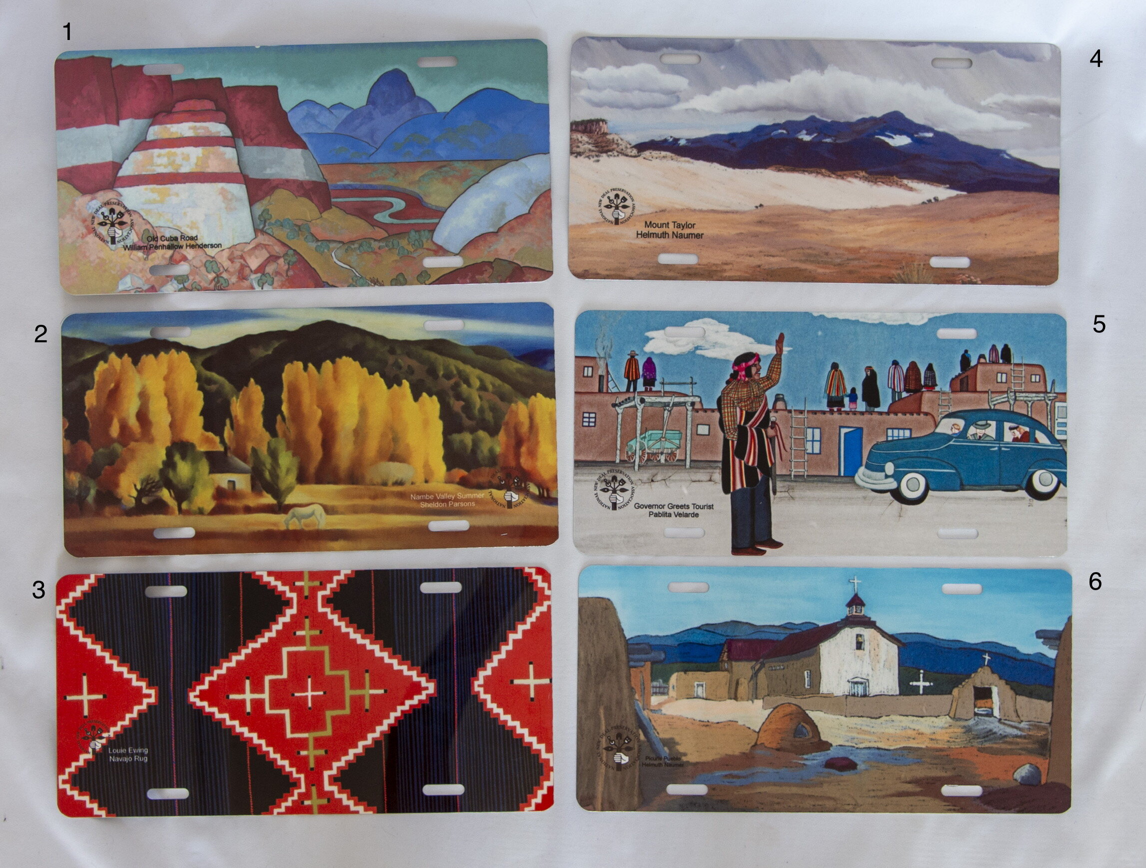 Add a bit of color and class to your car with New Deal Front License Plates and at the same time help NNDPA continue its good works to preserve New Mexico’s New Deal public art.