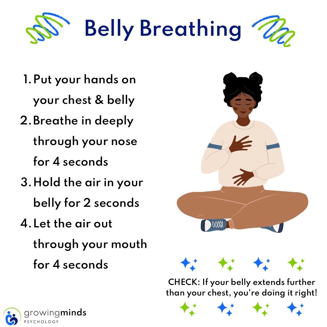 Belly breathing is a great calming technique for kids and adults. It&rsquo;s simple to learn and is not noticeable to others when you are using it. Some key points to successfully belly breath:

1. Place your feet on the floor to help open up your co