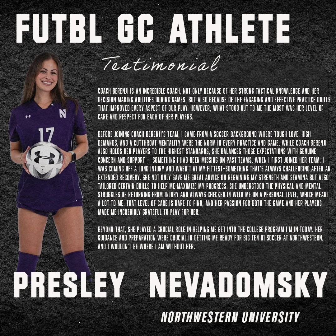 Testimonial of a female soccer player named Presley Nevadomsky from Northwestern University, praising Coach Berenji for her coaching style and support, with the player holding a soccer ball and wearing a purple jersey.