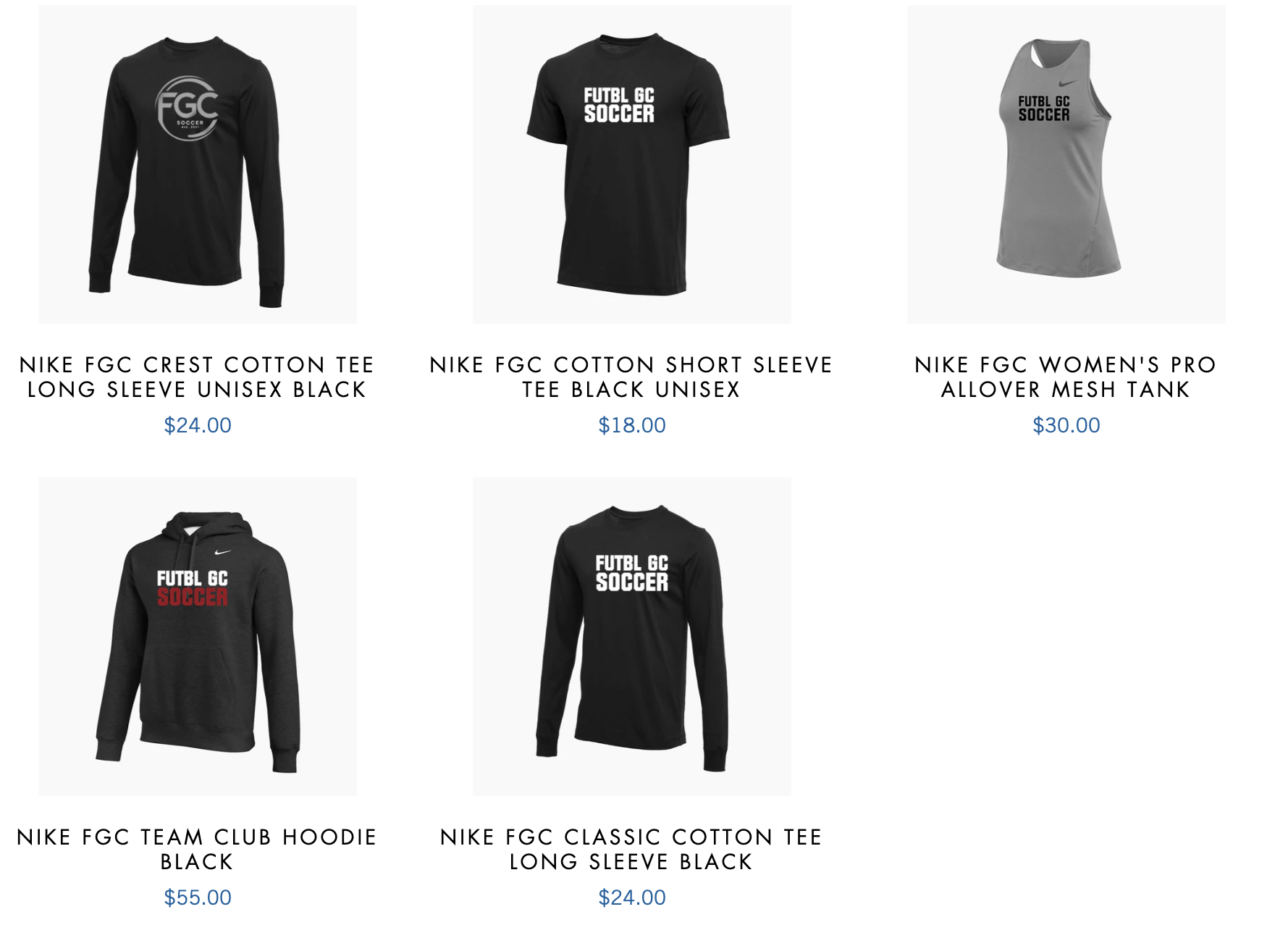 Nike FGC apparel collection, featuring various black and gray garments including long sleeve tees, short sleeve tee, women's pro mesh tank, and a hoodie, all with FGC Soccer logo and priced from $18 to $55.