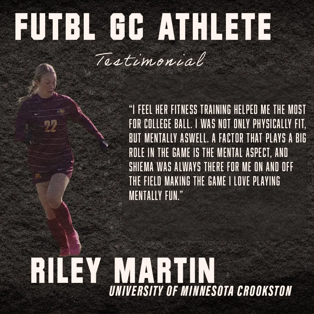 FUTBL GC Athlete testimonial featuring a female soccer player in a maroon and gold uniform with the number 22. Text includes a testimonial praising fitness training for both physical and mental preparation for college ball. The name Riley Martin and University of Minnesota Crookston are featured at the bottom.