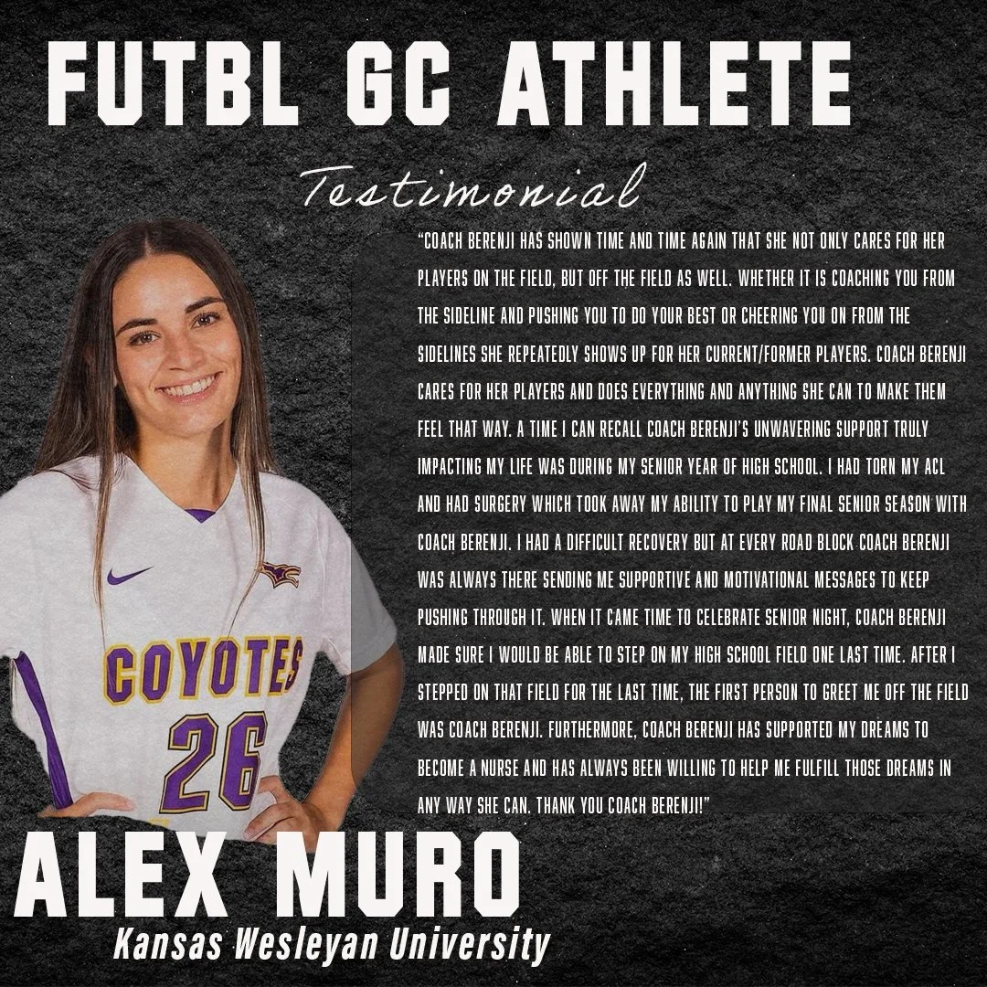 A testimonial image featuring Alex Muro in a Coyotes jersey, number 26, from Kansas Wesleyan University, discusses Coach Berenji's supportive role in her life, both on and off the field, including during a knee injury recovery.