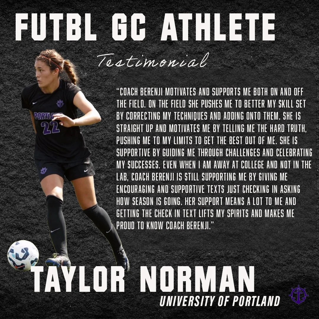 Soccer player Taylor Norman testimonial for Futbl GC Athlete at University of Portland, praising Coach Berenji's motivation and support both on and off the field.
