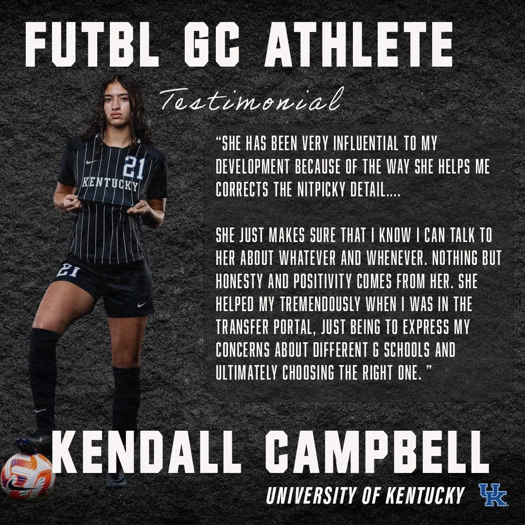 Soccer player testimonial image showing athlete Kendall Campbell from the University of Kentucky. The player is wearing a black Kentucky jersey with number 21. The testimonial is about the positive influence of a mentor on their development and decision-making process during a transfer portal experience. Text includes phrases like "corrects nitpicky detail," "express concerns about different schools," and the importance of honesty and positivity.