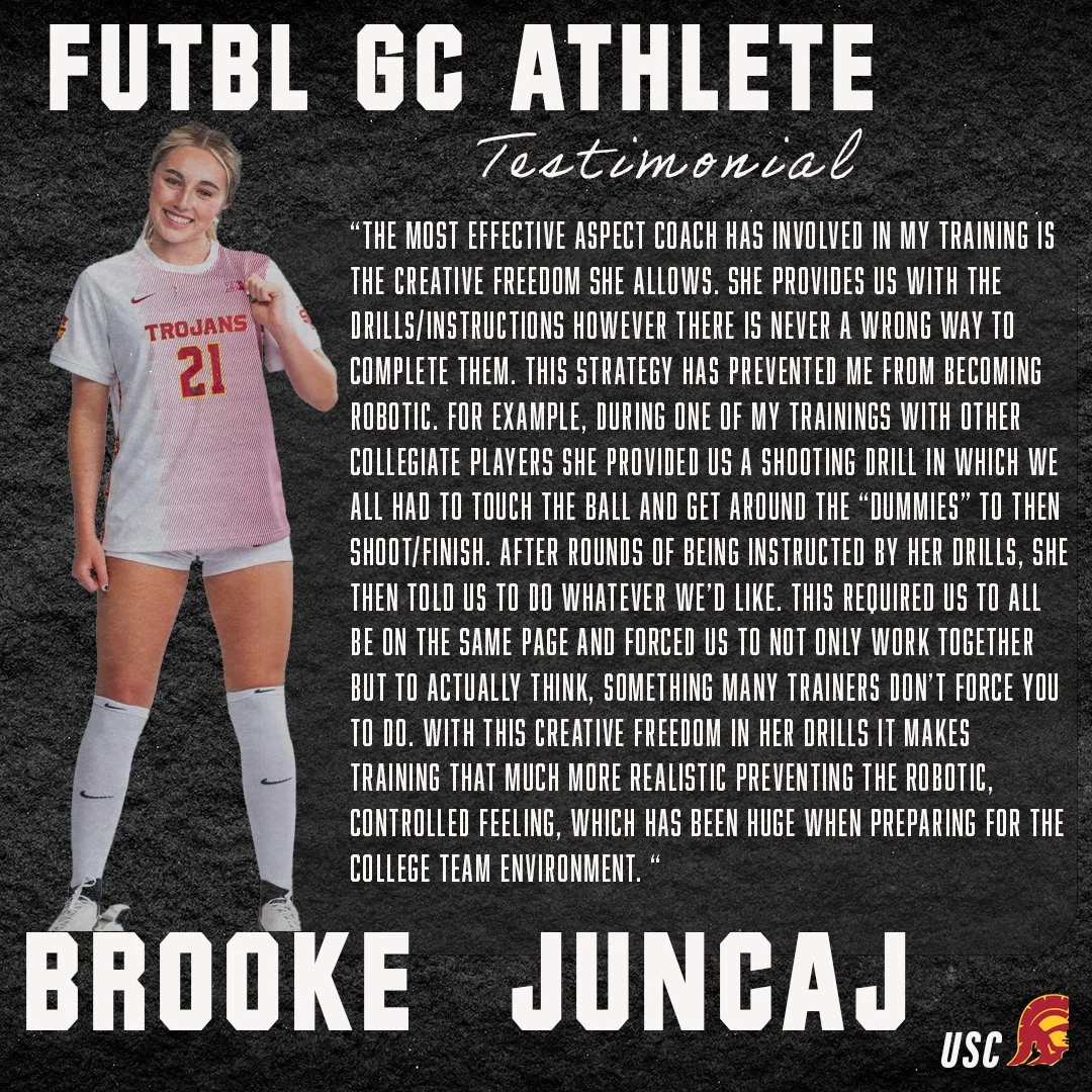 Image of a female soccer player wearing a USC Trojans jersey, number 21, with testimonial text about coaching creativity and team preparation. The player's name, Brooke Juncaj, is displayed at the bottom with the USC logo in the corner.