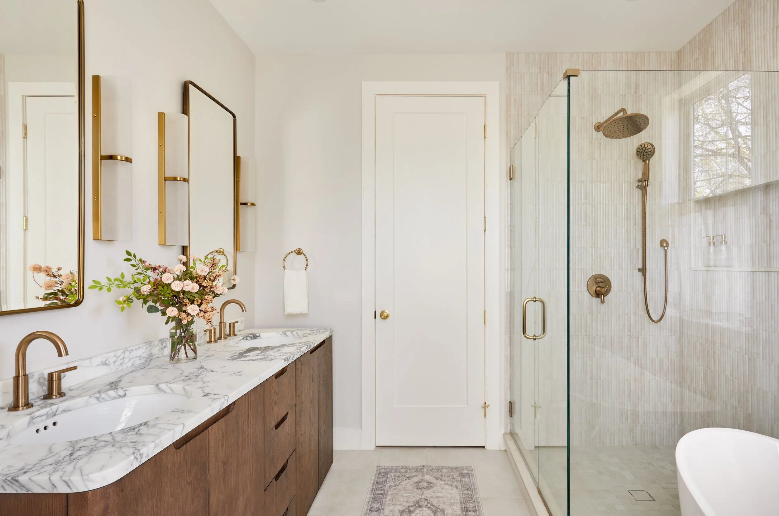 Primary Bathroom, Marble top vanity, walk in shower 