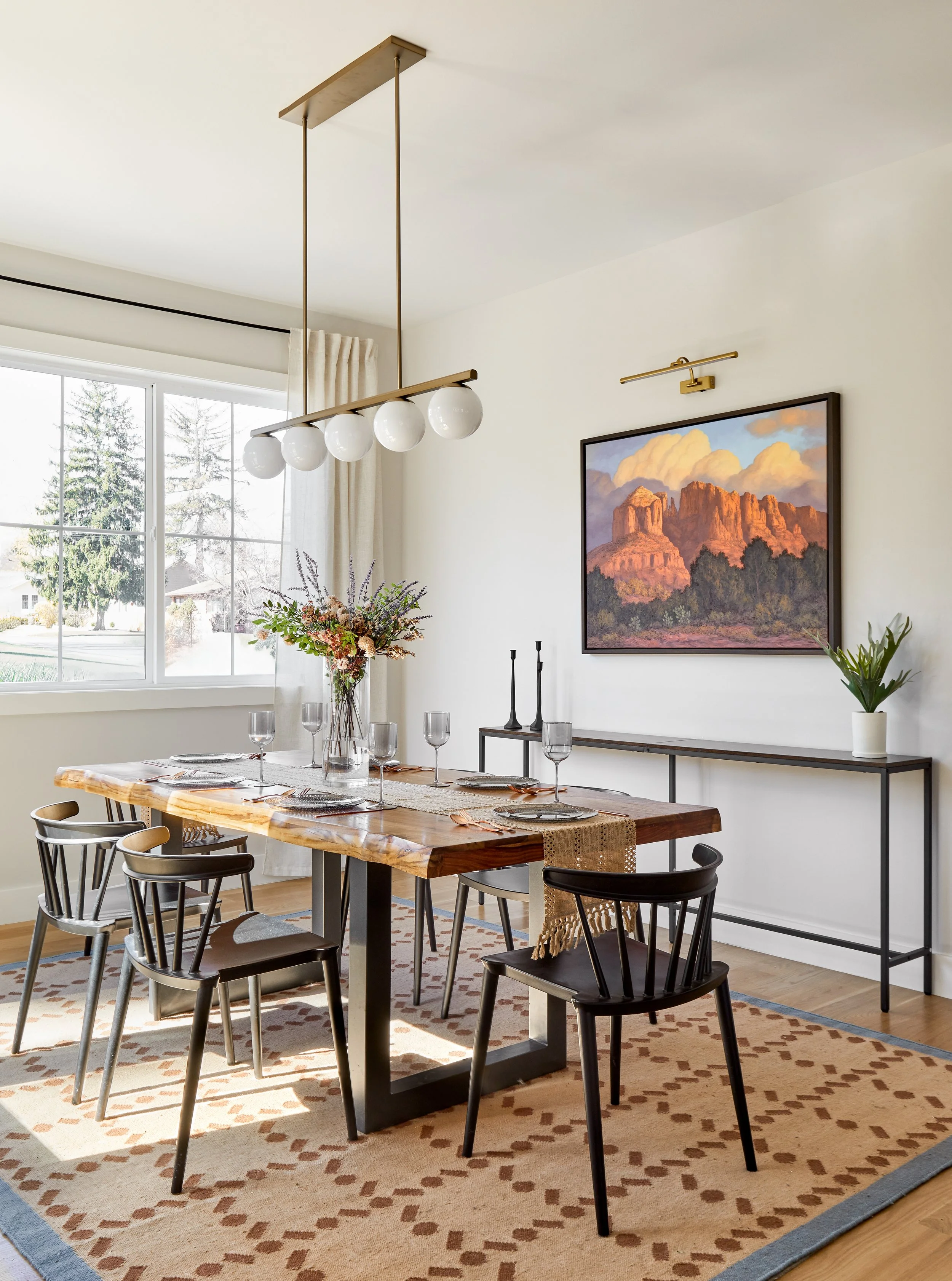 Dining Room, large painting and light fixture 