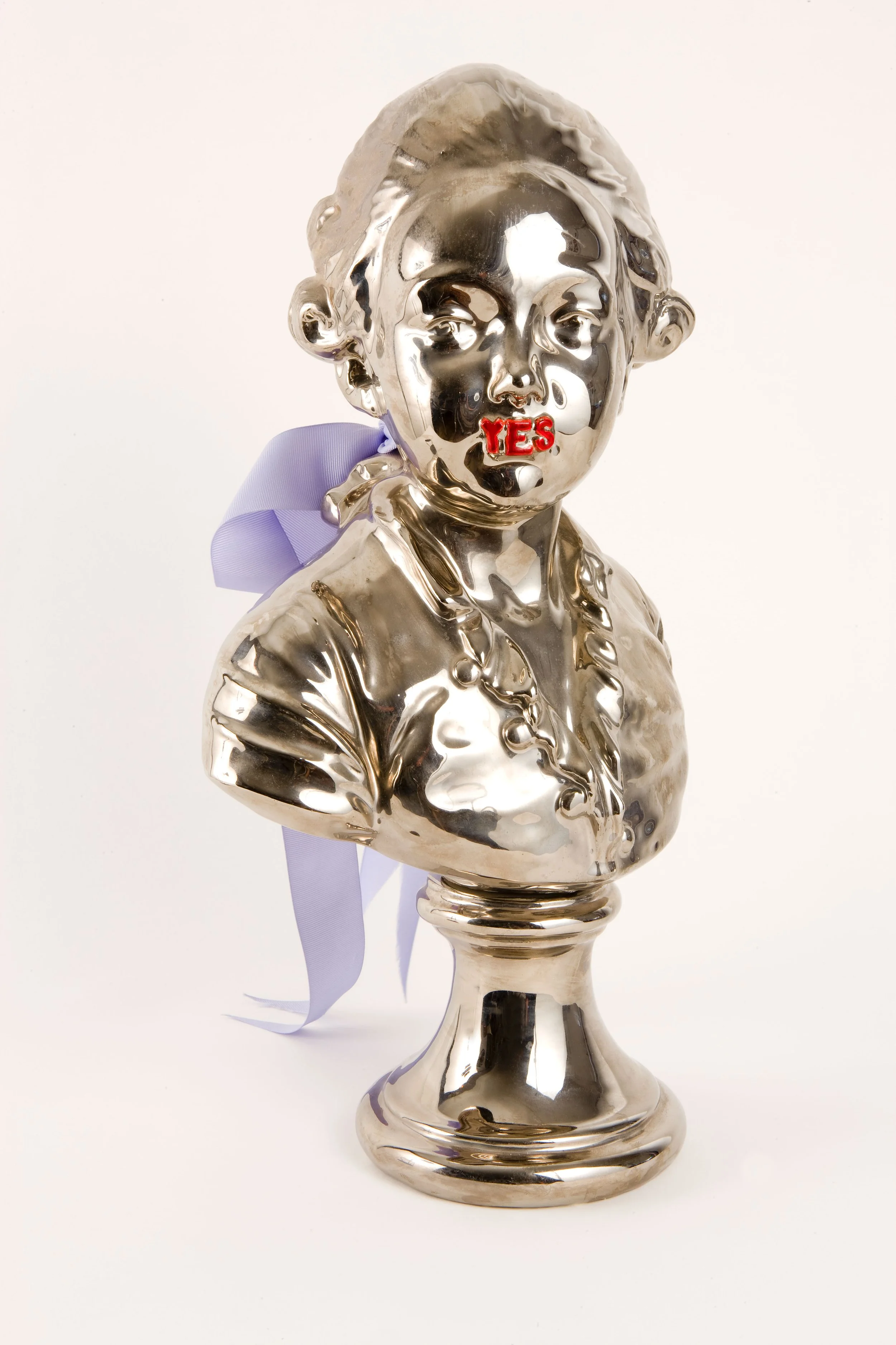 YES, 2004 luster glazed ceramic, enamel, and silk ribbon