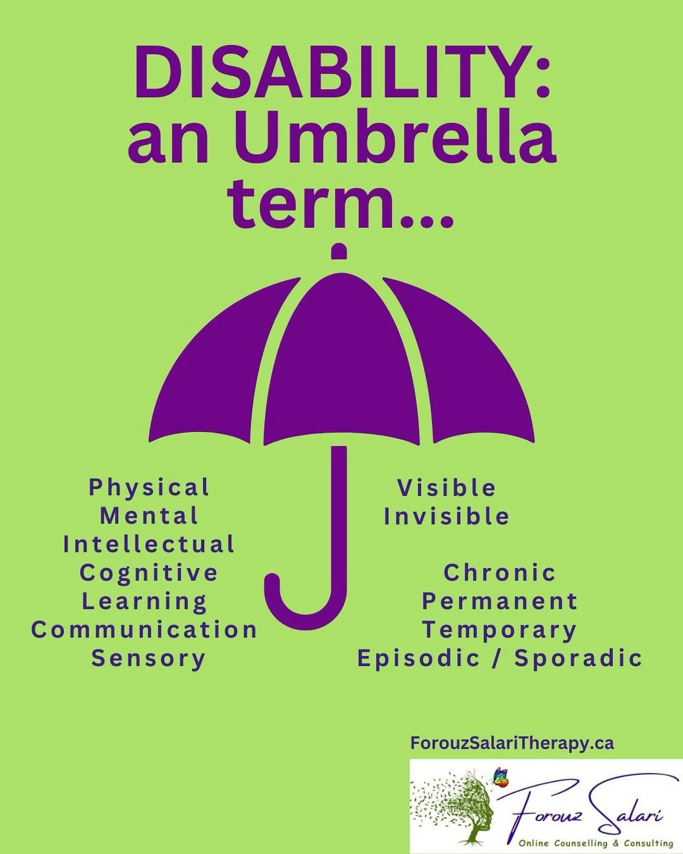 Today is International Day of Persons with Disabilities!

Did you know that #Disability is an umbrella term? ☂

Under the Accessible Canada Act, DISABILITY is defined as &ldquo;an impairment or functional limitation (including physical, mental, intel