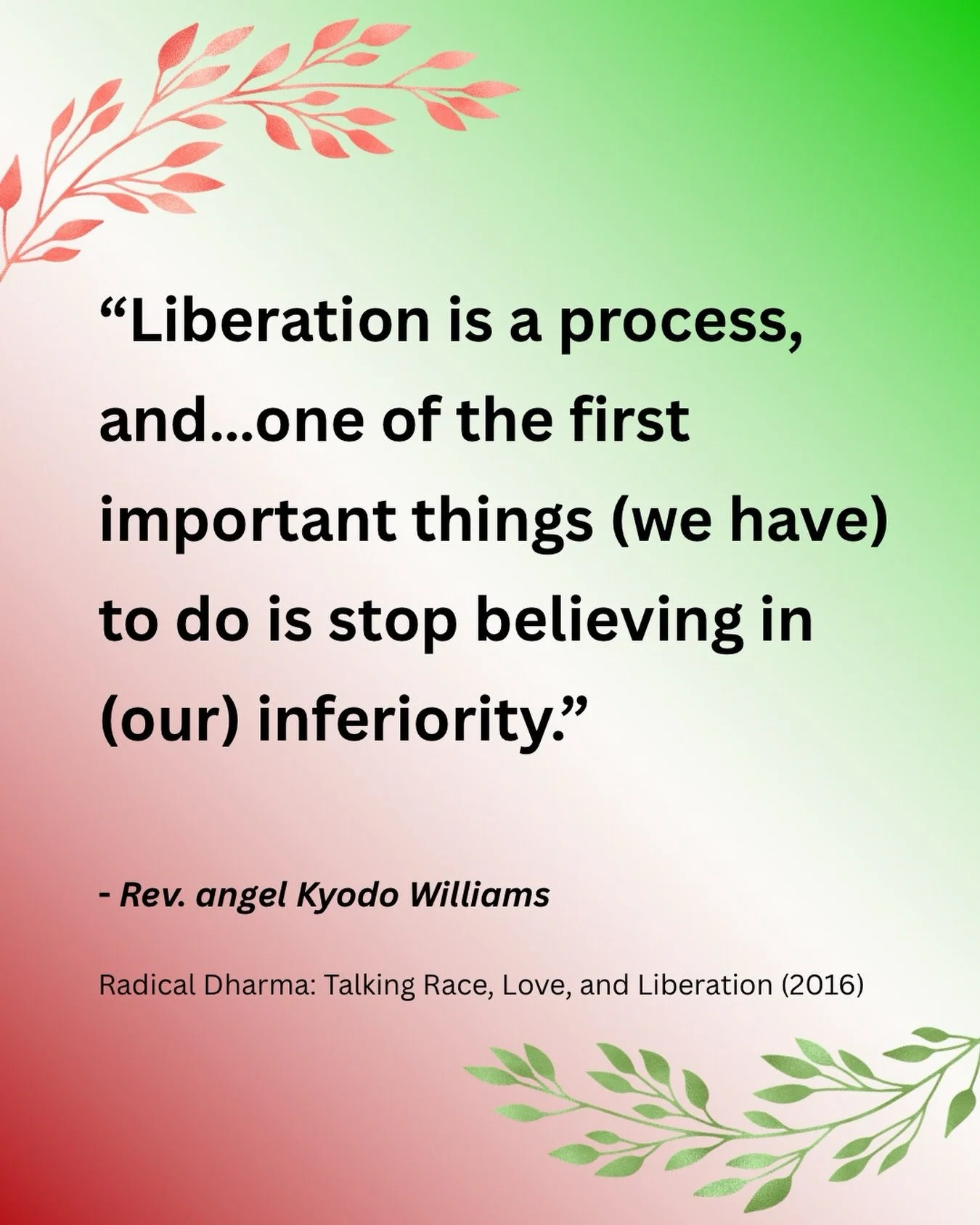 In times of state violence, repression, and systemic harm, it can be easy for oppression to seep inward &mdash; into how we see ourselves, our worth, our power and what we believe is possible.

@zenchangeangel writes in Radical Dharma (2016): 
&ldquo