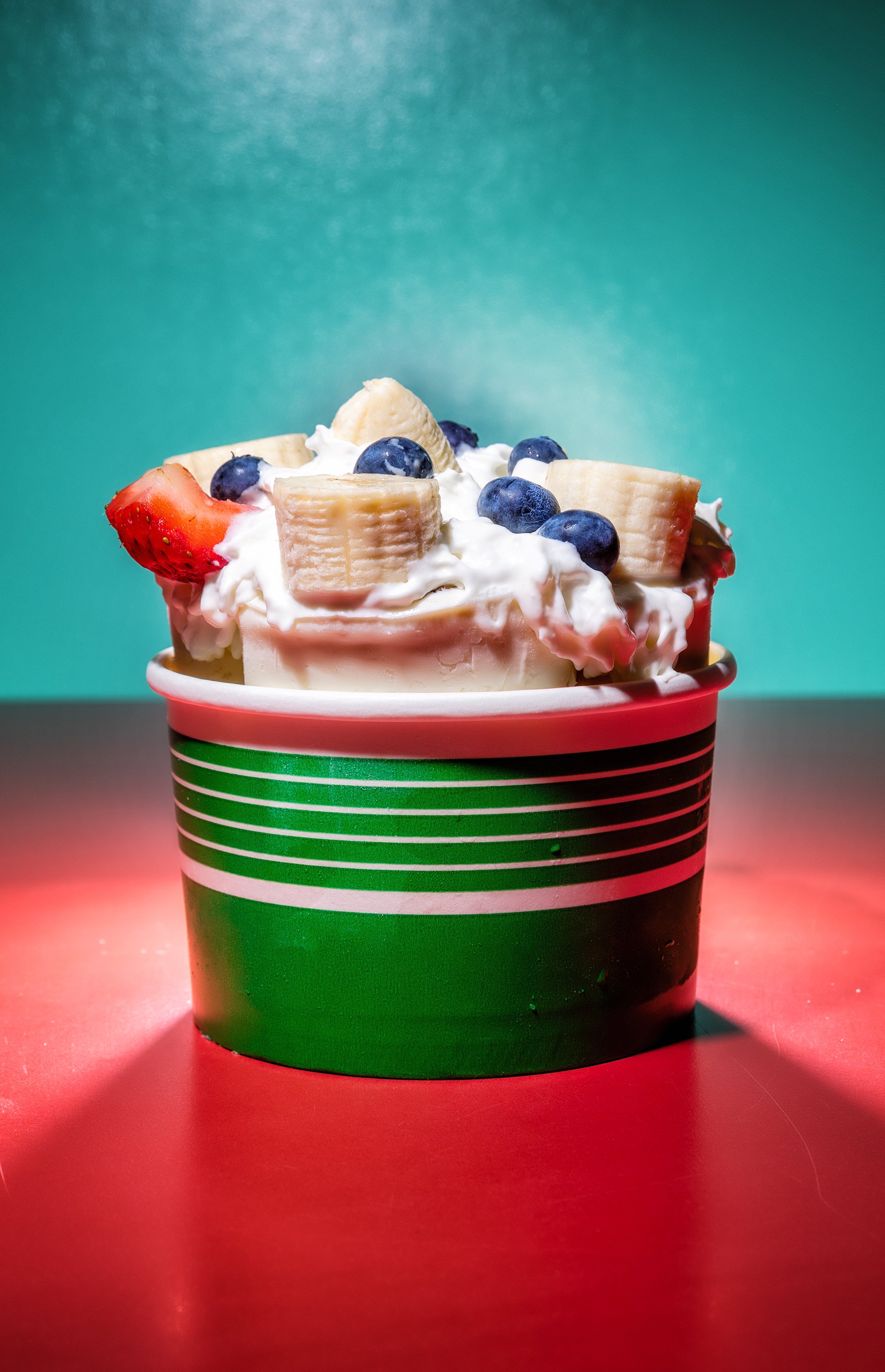 Big Monkey is a banana base ice cream with nutella, caramel sauce, whipped cream and fresh berries.